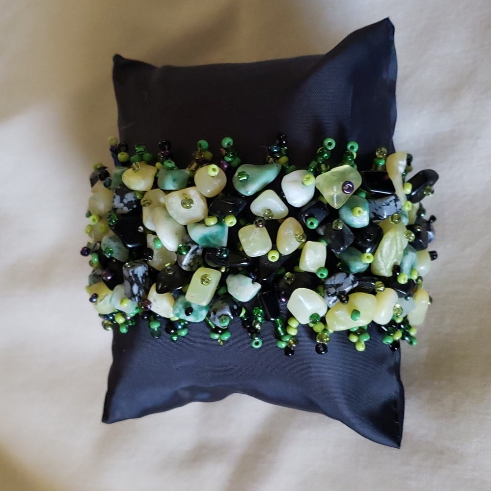 Handcrafted Green and Black Beaded Statement Bracelet